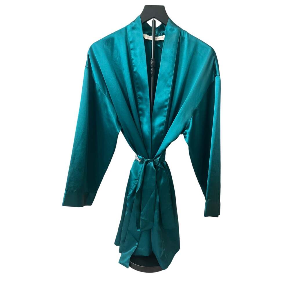 Vintage Victoria’s Secret Green Satin Short Robe Kimono Attached Belt OS